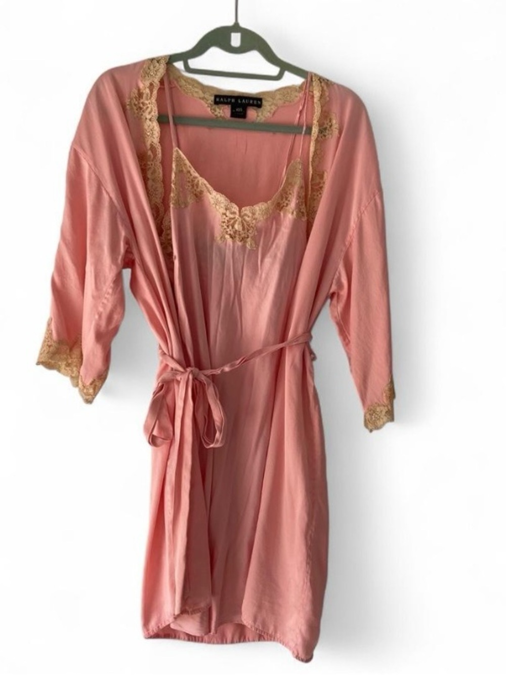 Vintage Ralph Lauren 100% Silk Lace Trim Robe & Slip Nightgown Set